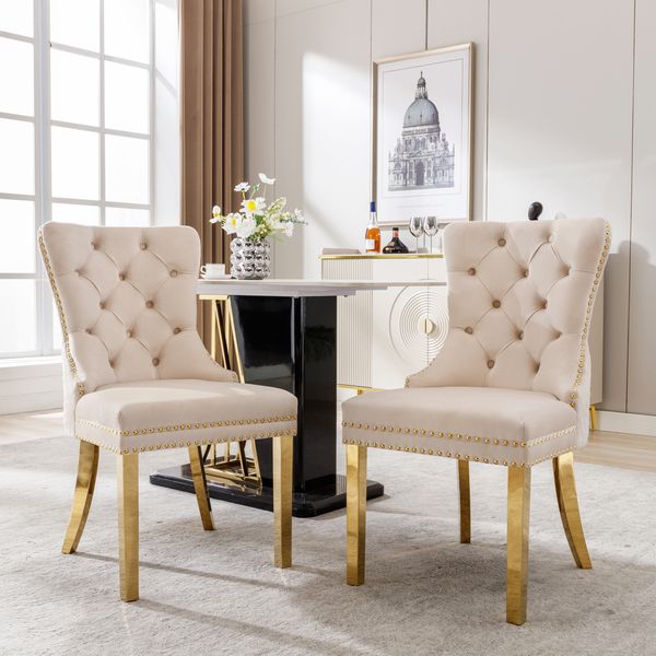 Esszimmerstuhl 2er-Set 50,5 x 45 x 95 cm, Samt in Beige, mit Türklopfer und goldfarbenen Edelstahlbeinen