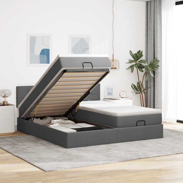 vidaXL Ottoman-Bett mit Matratzen & LEDs Dunkelgrau 200x200 cm Stoff 3312851