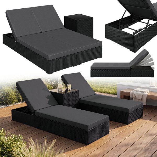 STEELSØN 'Solaris' Liege 2er Set mit Tisch, schwarz, Polyrattan, wetterfest und UV-beständig, Sonnenliege mit 5-fach verstellbarer Rückenlehne, inkl. Polster