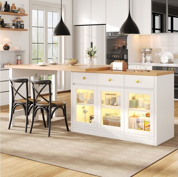 HAUSS SPOLE Kücheninsel Ausziehbar mit LED-Beleuchtung,Küchenschrank mit Schubladen,Weiß, (Multifunktionales Ausziehtisch-Möbel mit Stauraum und Beleuchtungssystem), Dämpfungsmechanismus,belastbar bis 60kg