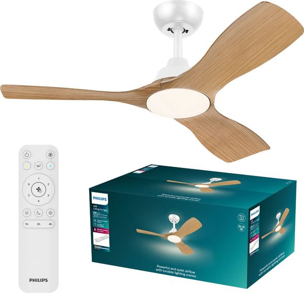 Philips LED Deckenleuchte Olas 24W DC-Ventilator 30W, fixe Rotorblätter, ⌀ 106cm, schwarz-braun, CCT - über Fernbedienung, Dimmer, Dimmfunktion, Ein-/Ausschalter, Farbsteuerung, Fernbedienung, Infrarot inkl, Memoryfunktion, Ventilatorfunktion, dimmbar ...