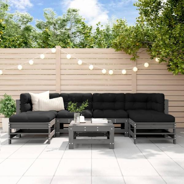 vidaXL 7-tlg. Garten-Lounge-Set mit Kissen Grau Massivholz 3185950