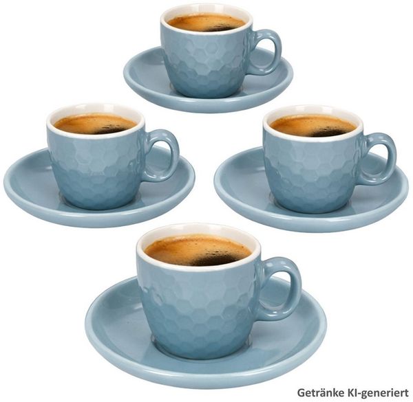 MamboCat Tasse MamboCat 4er Set Hexa Espressotassen mit Untertassen Blau Keramik, Keramik