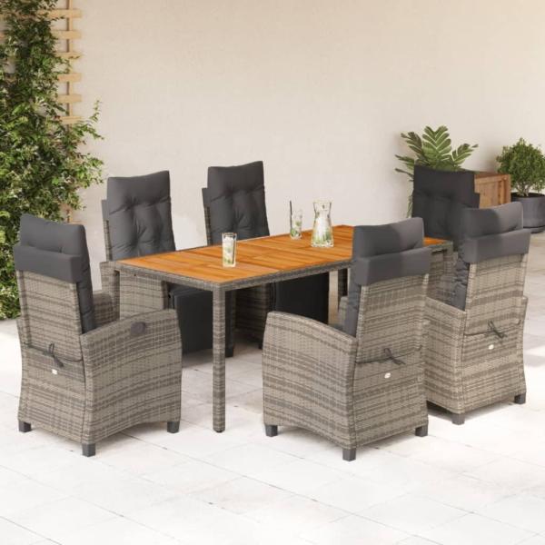 vidaXL 7-tlg. Garten-Essgruppe mit Kissen Grau Poly Rattan 3212916