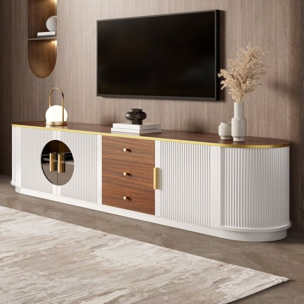 Merax Lowboard mit braunem Glas, Wellenfront & Kabelmanagement (180 x 40 x 46 cm, 1 St), TV-Schrank mit 3 Türen, 3 Schubladen & Aluminiumgriffe