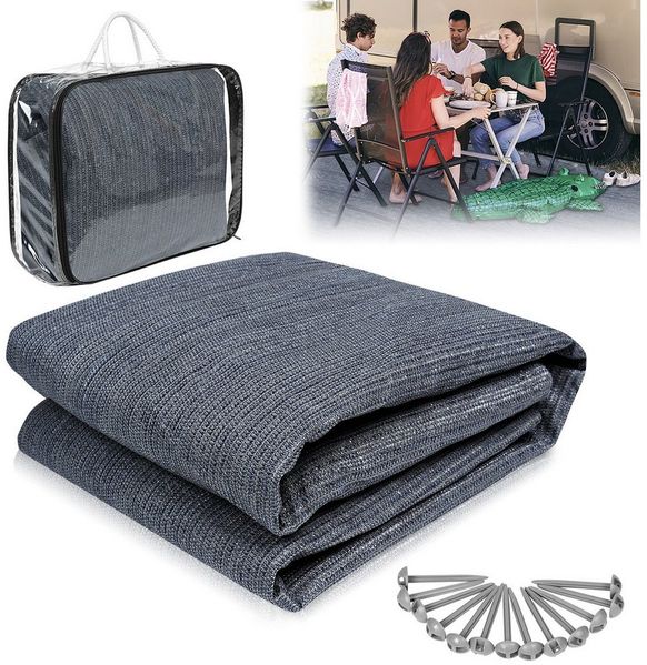 FIVMEN Outdoorteppich Vorzeltteppich aus hochwertigem HDPE, Campingmatte, mit Aluminiumschlaufen, inklusive Tragetasche, bläulich-grau