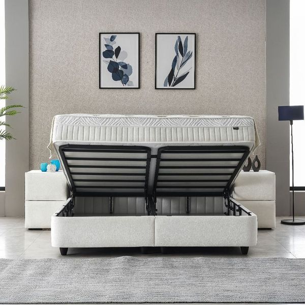 abc bedding Boxspringbett Komfortbett LAURA in stillvollem creme Stoffdesign (Bett mit Topper, inkl. Matratze und Topper), Voll-orthopädisches Schlafsystem inklusive Bettkasten