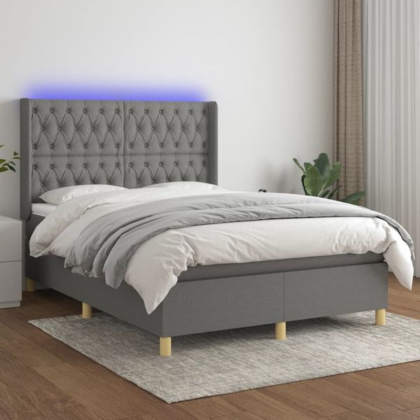 vidaXL Boxspringbett mit Matratze & LED Dunkelgrau 140x190 cm Stoff 3139110