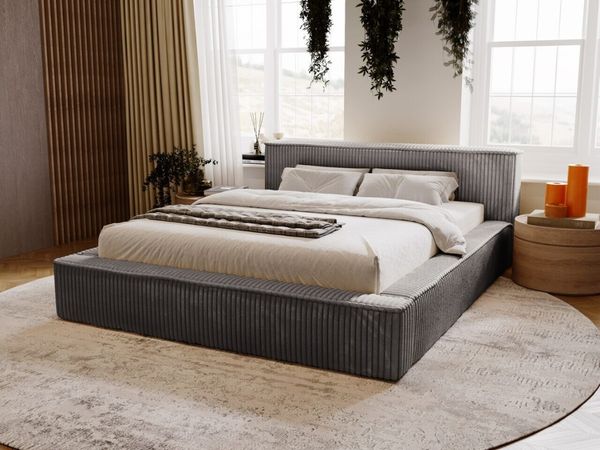GRAINGOLD Lago Bett 160x200, Polsterbett mit Bettkasten und Kopfteil, Fell-Stoff, Dunkelgrau