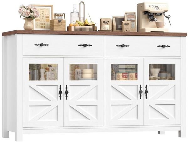 Homfa Sideboard Küchenschrank Buffetschrank Küchenbuffet, mit 2 Schubladen 4 Glastüren für Wohnzimmer Küche 140x40x90 cm weiß