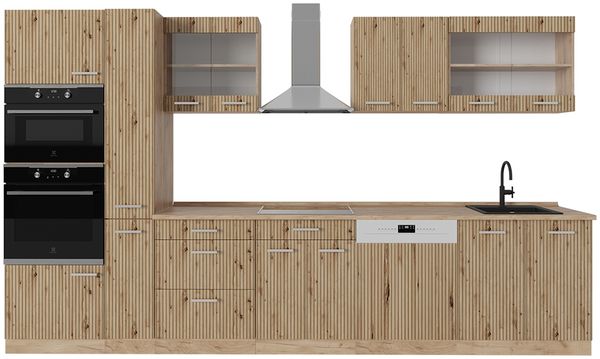 Küchenzeile R-Line Artisan-Eiche/Goldkraft Eiche 350 cm mit Hochschrank, AP Eiche Vicco