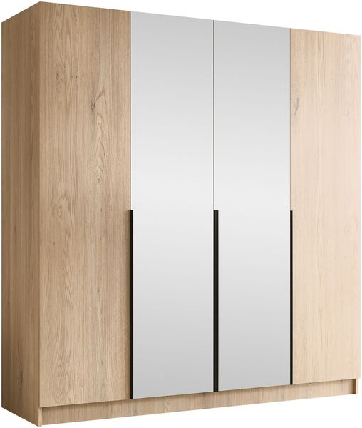 Drehtürenschrank Salkor II, Kleiderschrank mit 4 Türen, Frontspiegel (Farbe: Eiche Cremona / Eiche Cremona + Schwarz)