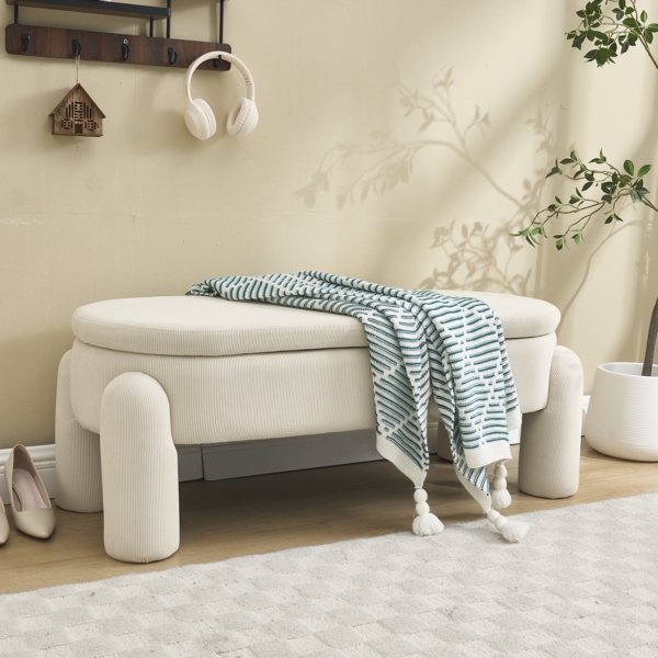 Aufbewahrungs-Hocker mit Cordstoffbezug ,Sitzbank und Fußhocker mit extra großem Stauraum unter der Sitzfläche,112x43x43 cm,Beige