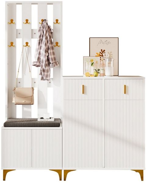Refined Living Garderoben-Set mit Schuhbank, Kissen, Haken, Schuhschrank mit Schubladen und Türen, (Komplett-Set, Multifunktionaler Garderobenschrank Kleiderschrank-Set Flurmöbel Flur Garderobe Eingangsbereich Möbel Hochwertige Materialien, 1-St, mit S...