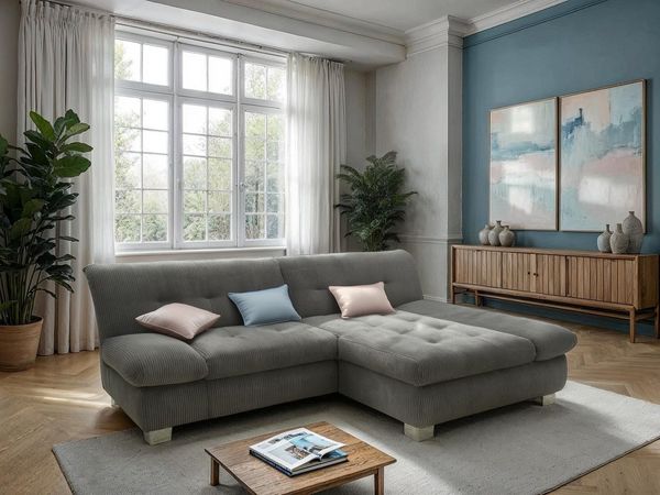 DOMO collection Ecksofa 100031 kompakte Stellmaße, komfortabel und bequem, L-Form, wahlweise mit Bettfunktion und Armteilverstellung. Breite 234 cm