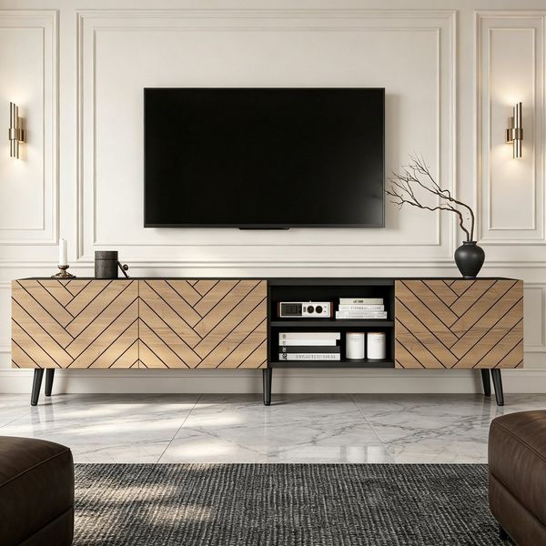 Merax Lowboard mit Soft-Close Scharnieren& Kabeldurchführung (180 x 33,5 x 45 cm, 1 St), TV-Schrank mit 3 Türen & offenem Fach, TV-Bank in Schwarz/Holzoptik