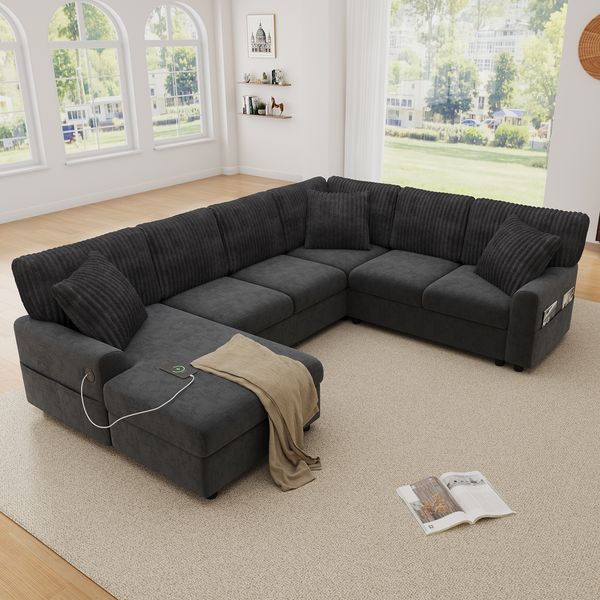 Merax U-förmiges Ecksofa, mit 1 USB-Anschluss und 1 Type-C-Anschluss, seitlichen Armlehnen mit Magazintaschen, Schwarz