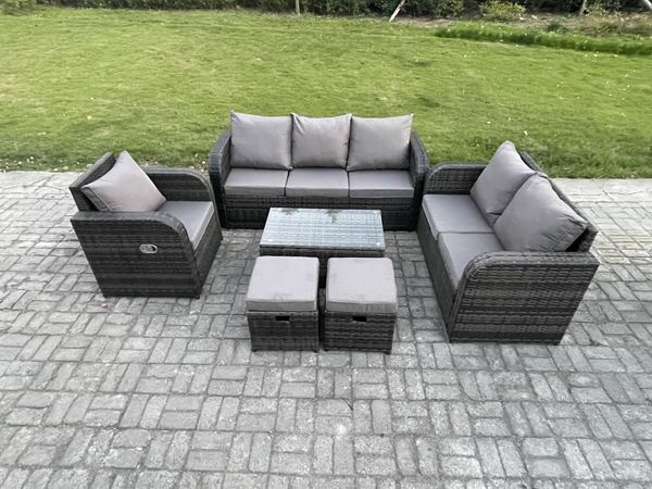 Fimous Gartenmöbel-Sets 6 Stücke Polyrattan Möbel Sofa Set mit Rechteckiger Couchtisch Loveseat Sofa 2 kleine Fußhockern