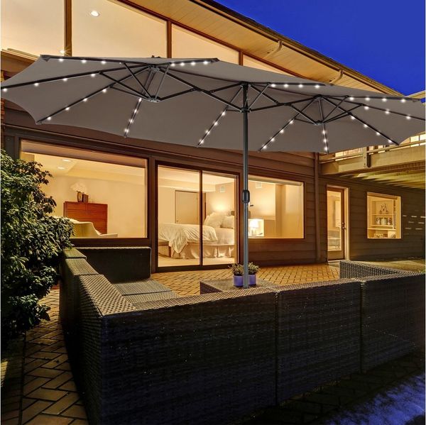 COSTWAY Sonnenschirm, 450 x 260 cm, LED-Solar-Beleuchtung, UPF 50+, mit Ständer