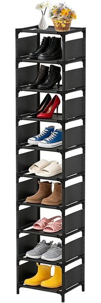 TUWENA Schuhregal Schuhregal Schmal und Hoch Schwarz mit 10 Ebenen,Schmaler Schuhschrank, 33 x 28 x 160 cm, Metallgestell, Einlegeböden aus Vliesstoff