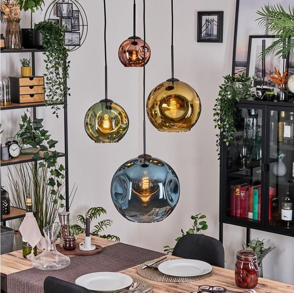 hofstein Hängeleuchte Hängelampe aus Metall/Glas in Schwarz/Blau/Grün/Gold/Kupfer, Hängeleuchte im Retro/Vintage-Design (15, 20, 25, 30 cm), 4 x E27