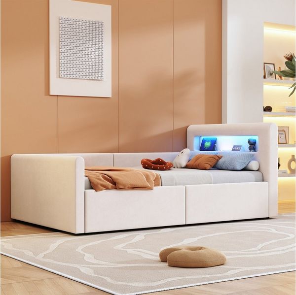HAUSS SPOLE Polsterbett 90x200cm mit LED-Licht, Nachtlicht und USB-Ladeanschluss, Beige (mit LED-Licht, USB-Ladeanschluss & Hydraulischem Stauraum, Samtstoff, Verstellbare Rückenlehnen, mit Regal und Nachtlicht, 90x200 cm), ohne Matratze