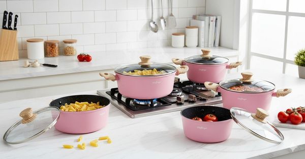 Kochtopf Kasserolle Topf Set 10-tlg Glasdeckel Induktion Cheffinger pink CS01