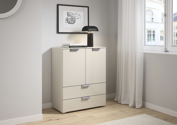 rauch Aditio Box, Kommode, 2-türig, 2 Schubladen, mit Glasfront, mit Softclose-Funktion, Farbe Beige, BxHxT 80x100x42cm