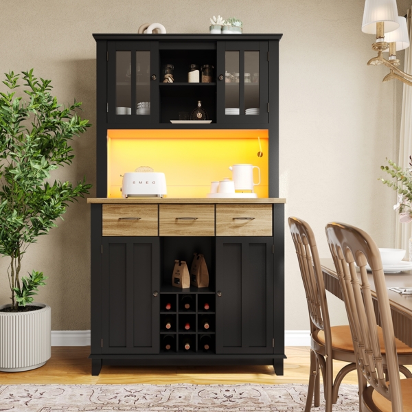 Merax Küchenschrank, Hochschrank Küchenbuffet, Vitrinenschrank, Buffetschrank mit Verstellbaren Ablagen, Sideboard mit LED-Beleuchtung, Buffetschrank, Schwarz