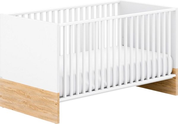 PAIDI Babybett YOLANDA in Weiß mit Eiche-Dekor, umbaubares Kinderbett, inkl. Lattenrost, Gitterbett höhenverstellbar, entnehmbare Sprossen