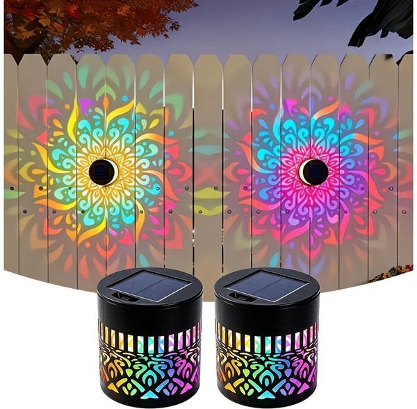 QUBEBU LED Solarleuchte 1/2/4 Stück Solarlaterne Mandala Wandleuchte, Solarlampen für Außen, LED fest integriert, 7 Farben RGB Wandlamp, Decorative Solar Mandala Lights Gartendeko, LED Gartenleuchte, Solarlaterne für Hof Rasen Wege Terrasse Yard Dekor
