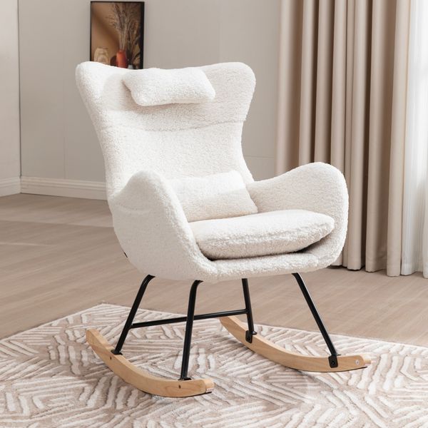 MODFU Relaxsessel mit Schaukelfunktion, Teddy-Optik, Polyester, Weiß, 54 x 72 x 92 cm