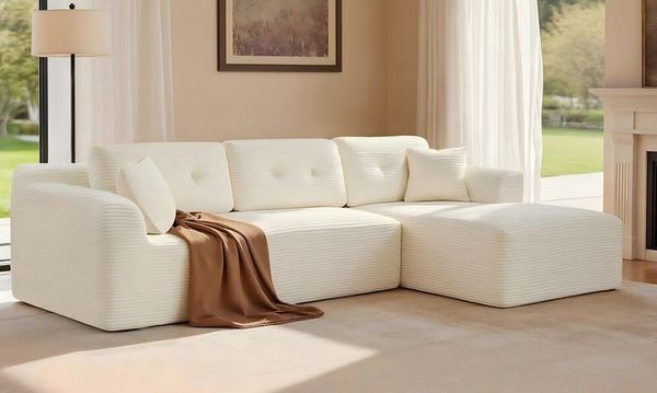VASAGLE Ecksofa, modulares Sofa 244 cm breit, vakuumverpackt, Schlafsofa, keine Montage erforderlich, mit großer Chaiselongue rechts, für Wohnzimmer, Gästezimmer, cremeweiß