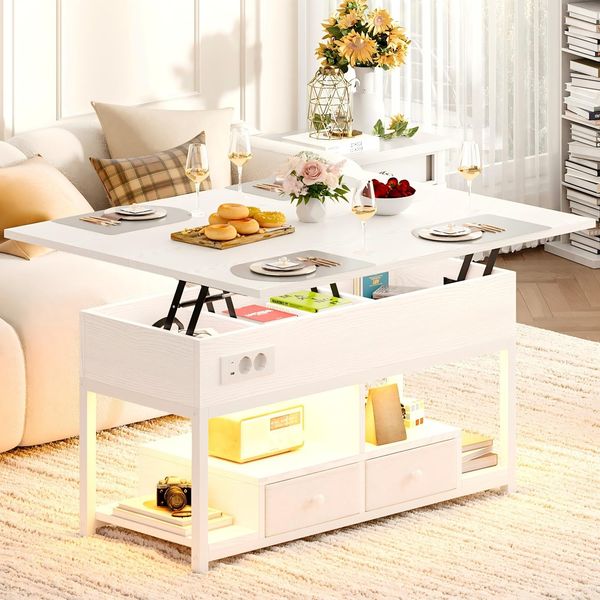 IRONCK Couchtisch Höhenverstellbar, LED Wohnzimmertisch mit Steckdosen, 2AC+USB+USB‑C, Kaffeetisch Holz, 2 Schubladen, Umwandelbar Esstisch 100×80cm (Weiß)