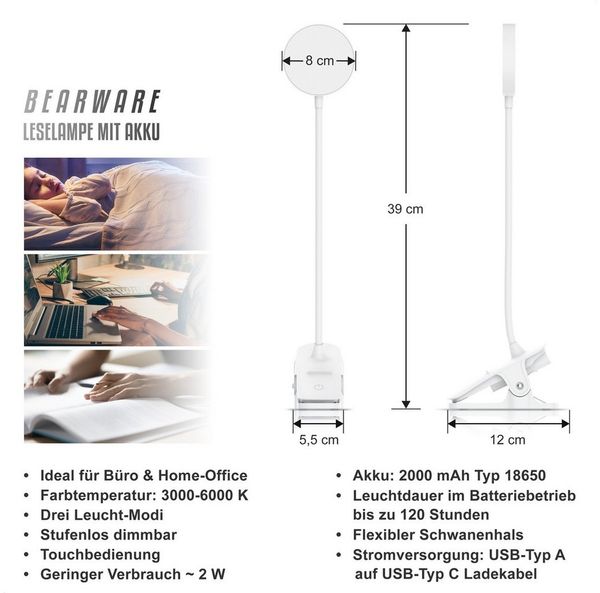 BEARWARE LED Tischleuchte Tischlampe, Nachttischlampe, Leselampe, Schreibtischlampe, Dimmfunktion, Ein-/Ausschalter, Farbwechsel, mehrere Helligkeitsstufen, LED fest integriert, Kaltweiß, Neutralweiß, Warmweiß, zum Anklemmen, 3 Lichtfarben, stufenlos d...