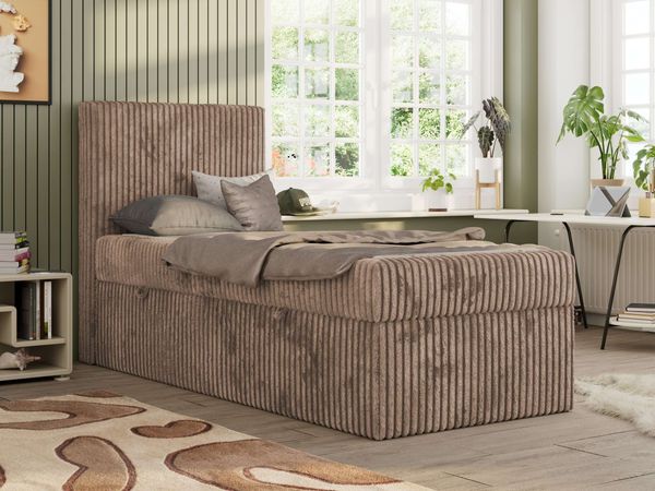 TILIO Jugendbett 90x200 mit Bettkasten - Boxspringbett mit 7-Zonen-Taschenfederkernmatratze, hohes Kopfteil, Einzelbett mit Stauraum - Braun Cordstoff - H3 - Links