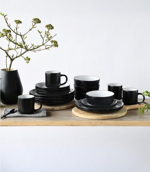 CreaTable Kombiservice NORDIC COOL BLACK, Schwarz, Weiß, (16-tlg), 4 Personen, Steinzeug, spülmaschinen- und mikrowellengeeignet