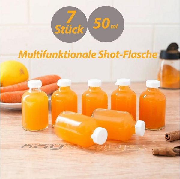 Jungengel Frischhaltedose 7'er Set Mini Vorratsfläschchen Shot-Flaschen Fläschchen Glas, Glas/Kunststoff, (7-tlg, 7-Teiliges Mini Fläschchen Set für Reisen), 50ml Fassungsvolumen, Wiederverwendbar, Kompakte Größe, Tragegröße