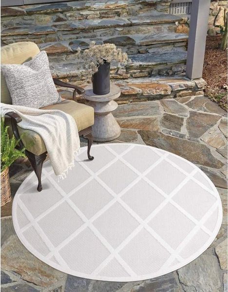 Carpet City Teppich In-& Outdoorteppich Santorini 457, 3D-Effekt, Raute-Look, rund, Höhe: 5 mm, Wetterfest & UV-beständig für Terrasse, Balkon, Küche, Flur