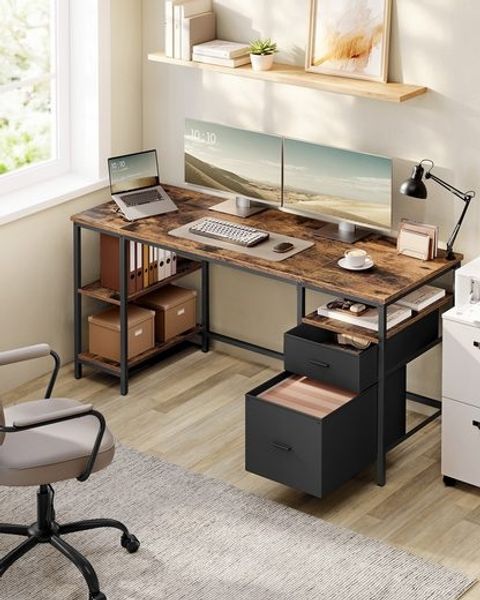 VASAGLE Computertisch, Bürotisch, Schreibtisch, mit 3 Ablagen, 2 Schubladen, 60 x 160 x 76 cm, fürs Büro, Wohnzimmer, moderner Stil, vintagebraun-schwarz