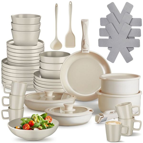 tectake Kochbesteck-Set Küchenstarterset aus Steingut mit Glasur, hitzebeständig (Geschirrset Una/Genua, 46-tlg, in taupe/weiß), rostfreies Aluminium mit Antihaftbeschichtung, induktionsgeeignet