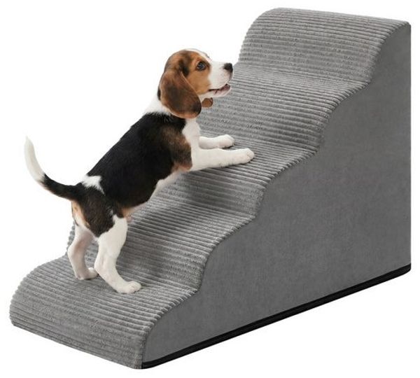 FEANDREA Hundetreppe, 5-stufig-Haustiertreppe, Cord mit Querstreifen, rutschfest, abnehmbarer waschbarer Bezug, Grau