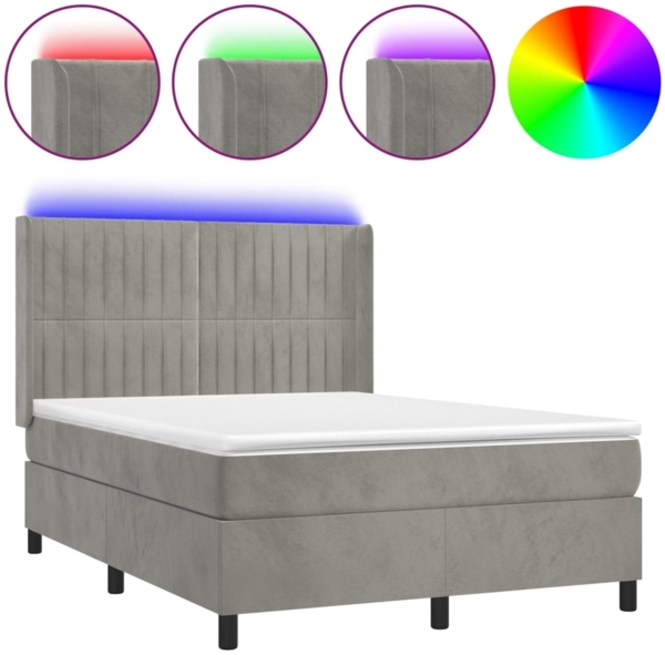 vidaXL Boxspringbett mit Matratze & LED Hellgrau 140x190 cm Samt 3139679