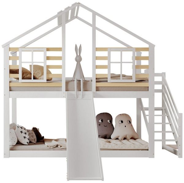 Merax Etagenbett 90x200cm mit Treppe und Rutsche, Kinderbett mit Rausfallschutz