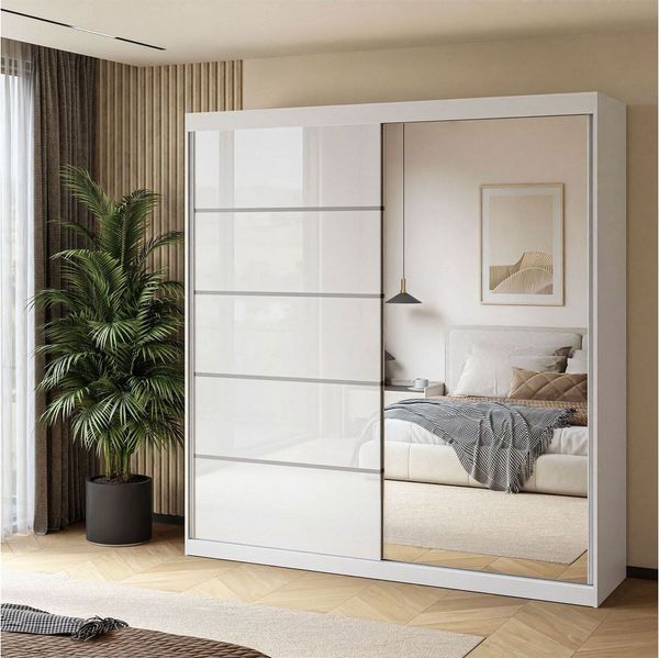 Lookway Kleiderschrank BASTER II PLUS GLOSSY mit Spiegel weiß glänzend/ Weiß hochglanz