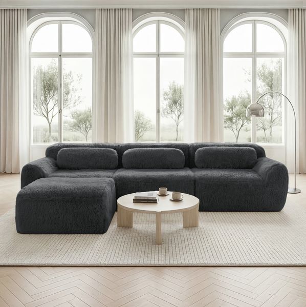 Modulares L-Sofa in Grau 291×179×73 cm aus Plüschstoff – rahmenloses Cloud-Sofa ohne Montage