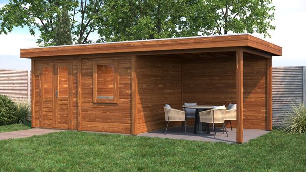 Lugarde Select Modern Gartenhaus mit Vordach Hamm 388x300cm + 300cm - Braunes Öl
