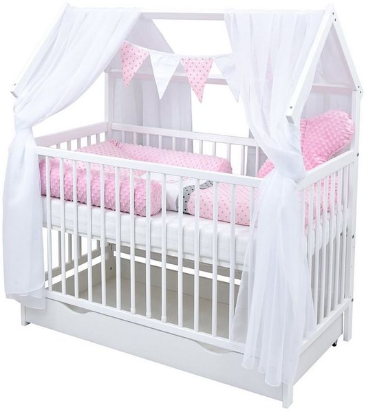 Baby-Delux Komplettbett Hausbett Babybett Schublade Schutzgitter Beißschienen Komplettset, 11-tlg, Kinderbett 60x120 cm weiß, Bettset verschiedene Designs