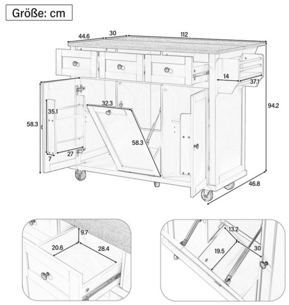 STILVORA Küchenwagen Kücheninsel mit Rollen,Mülleimer&Schubladen,Ausziehbarer Küchenschrank, (Mobile Kücheninsel mit Ausziehbarer Arbeitsfläche, Ergonomischem Abfallsystem und Multifunktionalen Schubladen) Bild 4