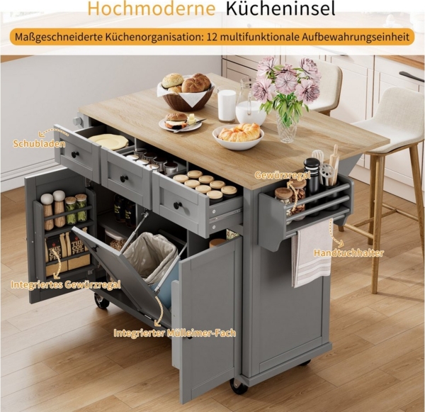 STILVORA Küchenwagen Kücheninsel mit Rollen,Mülleimer&Schubladen,Ausziehbarer Küchenschrank, (Mobile Kücheninsel mit Ausziehbarer Arbeitsfläche, Ergonomischem Abfallsystem und Multifunktionalen Schubladen) Bild 3
